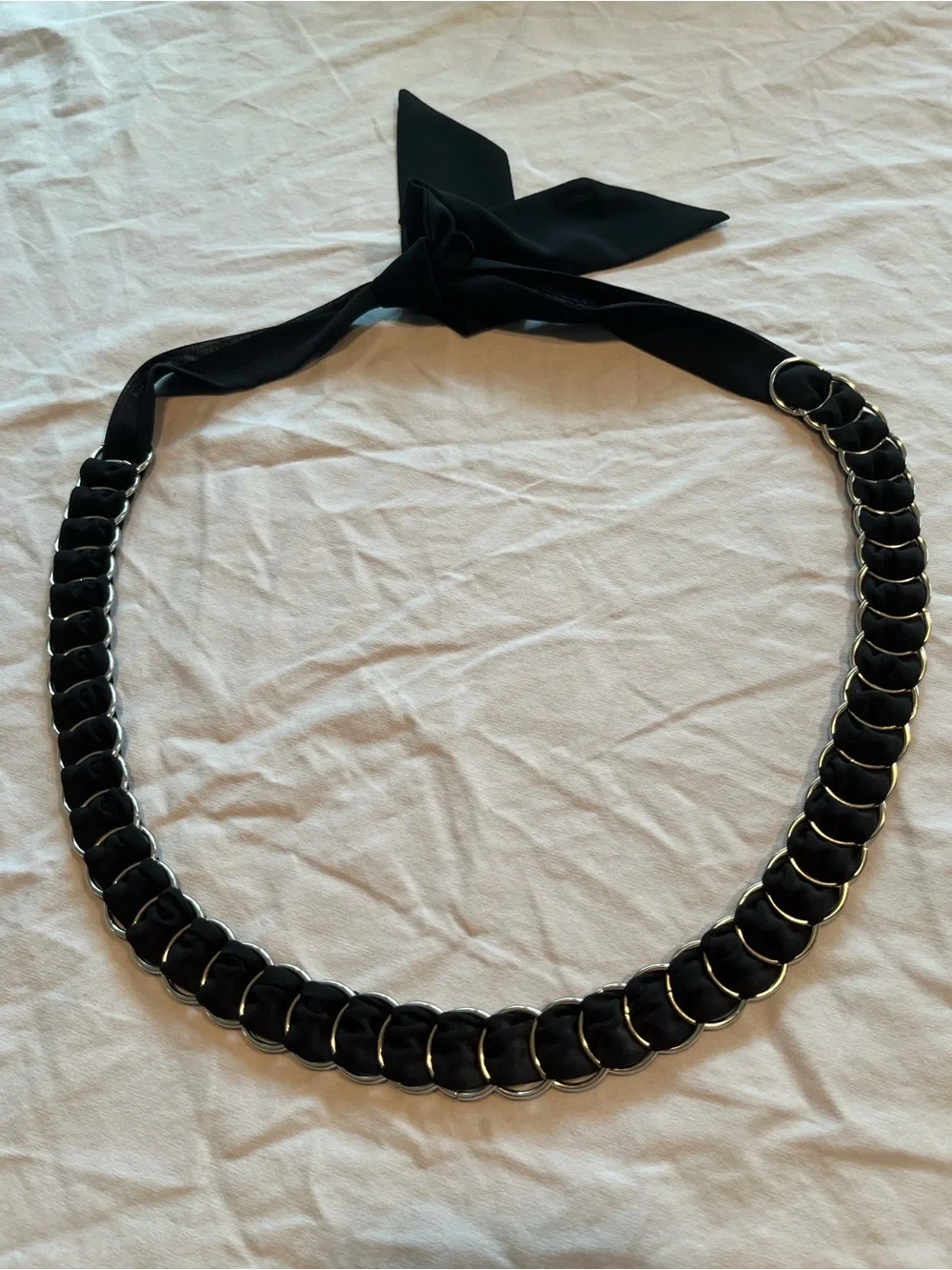 Women’s Black Y2K Scarf Belt Silver Tone Chain Ring Waist Tie OS Boho Self Tie